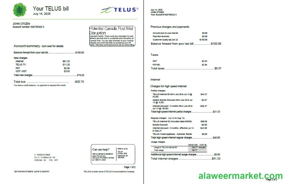 Canada Telus utility bill template in Word and PDF formats, 2 pages